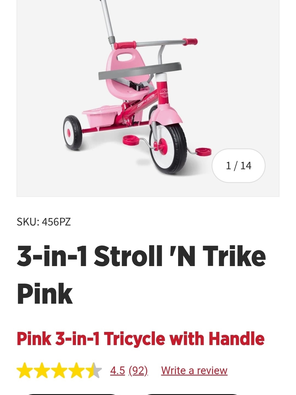 3-in-1 Pink Tricycle with Push Handle